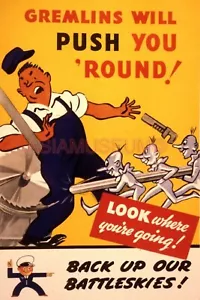 1945 WW2 USA AMERICA GREMLINS PUSH AROUND FACTORY TOOLS WAR PROPAGANDA Postcard - Bild 1 von 2