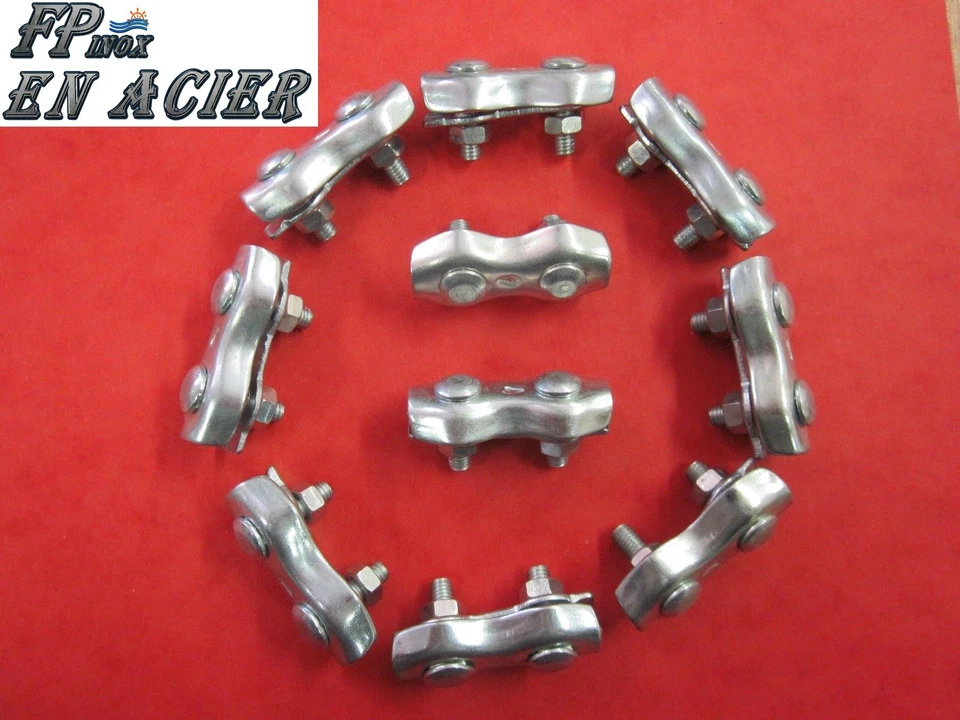 FP INOX Serre Cable plat 2 Boulons ACIER ( LOT DE 10 ) Diamètre Fil 6 mm