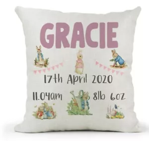 Personalised Peter Rabbit Cushion, Girls Name Gift, Christening/New Baby/Bedroom - Picture 1 of 4