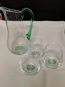 Jarra de vidrio soplado Szklanka Zielony Polonia y tres vasos a juego - Imagen 1 de 7