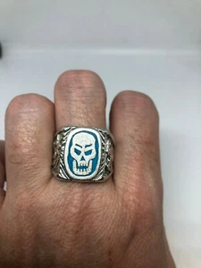 Vintage Skull Ring Genuine Turquoise Inlay Silver Bronze Men's Size 6.25 - Picture 1 of 4