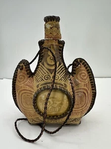 Vintage Hand Tooled Leather Bottle/Flask w/ Strap~ Decanter Ying Yang FLAW - Picture 1 of 12