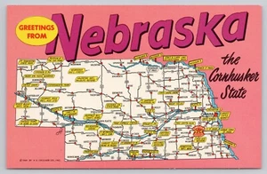 Mapa pictórico del estado de Nebraska, monumentos y atracciones, postal vintage - Imagen 1 de 2