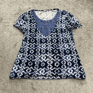 Charter Club Embroidered Blouse Womens P/S Blue Geometric Stretch Casual Top - Picture 1 of 11