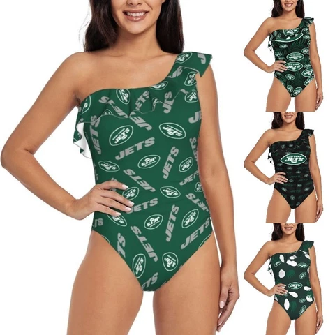 New York Jets One Shoulder Ruffle Swimsuits Sexy Women's Bikini Swimsuit Cover