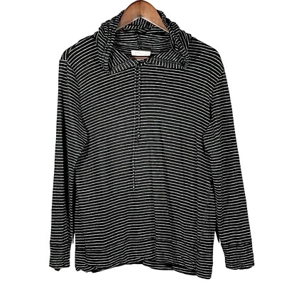 Nordstrom Signature T-Shirt Women Size L Black Stripe Hooded Long Sleeve Stretch - Image 1 of 4