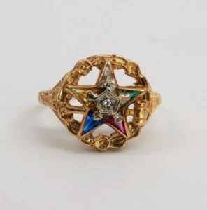 Anillo Masónico de Oro Rosa 10K con Estrella de 5 Puntas y Chip de Diamante, Talla 7,75 - Imagen 1 de 6