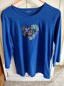 Laura Scott Blue Pullover Top size L, 3/4 Sleeves, Embroidered Design .LS1 - Picture 1 of 10