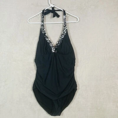 Love Your Assets Spanx Power Suit Swim One Piece Halter Size XL Black Zebra Trim - Image 1 of 4