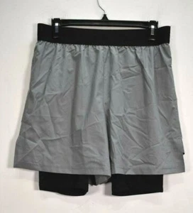 Workout Mens Gray Black Elastic Waist Activewear Athletic 2 in 1 Gym Shorts M - Picture 1 of 9