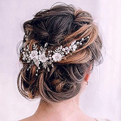  Bride Wedding Hair Vine Silver Crystal Headband Flower Head Piece Pearl Hair  - Image 1 of 4