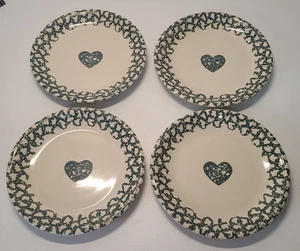 Folk Craft Hearts Green/Blue Sponge 10.5" Dinner Plate by Tienshan Set of 4 - Picture 1 of 9