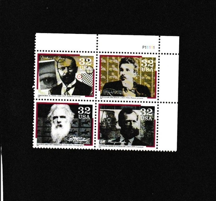 Unused US Postage 4 Block 32c Stamps Various Inventors Photography Linotype - Image 1 of 1
