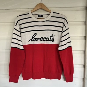 Dotti Jumper Women’s Size S (Oversize) Love Cats Red White Stripped Knit - Picture 1 of 20