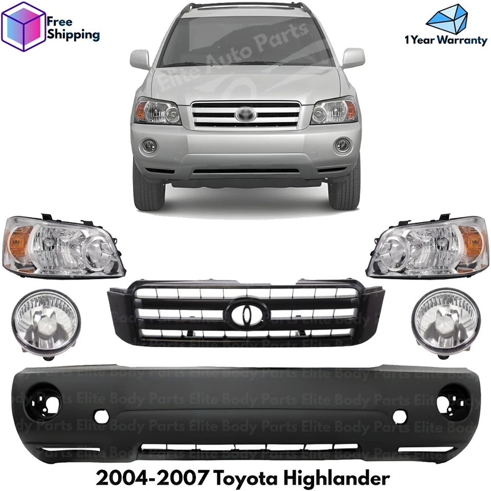 Front Bumper Cover Primed & Headlights Kit For 2004-2007 Toyota Highlander Foto 1 de 4