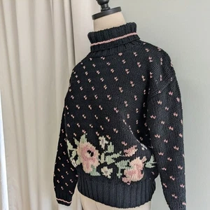 Vintage Turtleneck Sweater PS Black Pink 90s Floral Cottage Handknit Pullover - Picture 1 of 12