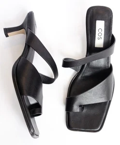 COS Black Leather Square Toe Kitten Heel Thong Mule Sandals womens Eur 40 US 9 - Picture 1 of 10
