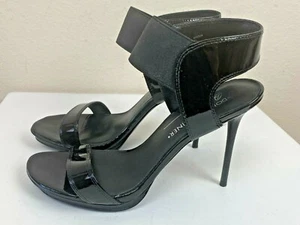 Donald J Pliner Black Stiletto Sandal Pat. Leather 7 Basic Elastic Band Platform - Picture 1 of 10