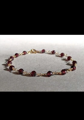 Garnet Bracelet 14k Gold Filled Red Stone Beaded Bracelet Handmade Jewelry Women - Image 1 of 4
