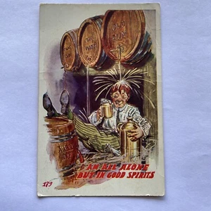Am All Alone But In Good Spirits Embossed Postcard Drunk Man W/Liquor BarrelsVTG - Picture 1 of 2