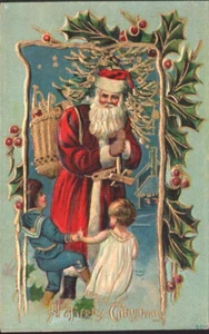 SANTA St Nick niños juguetes de baile borde de acebo NAVIDAD postal en relieve - Imagen 1 de 2