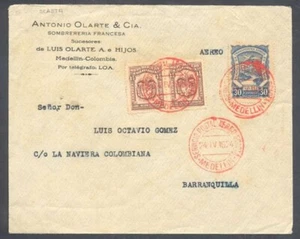 Colombia Internal Airmail By SCADTA Cover 1924 w 3 Colour Stamps Red Cachet - Picture 1 of 2