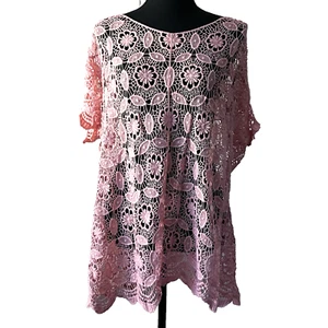 Ultra Pink HandKnit Crochet Boho Hippie Pink Festival Boat Neck Scallop Trim Top - Picture 1 of 5