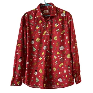 Oppo Suits Mens Christmas Doddle Red Button Up Shirt Tailored Fit XL 17.1" 43/44 - Picture 1 of 9