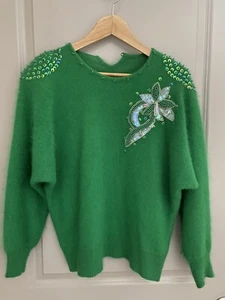 Vintage 80's Bright Green Fuzzy Sweater Shoulder Pads Embroidery Sz S - Picture 1 of 4