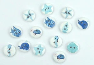 10x Knopf 15mm rund Maritim Fisch Schildkröte Meer Knöpfe Kinder Jungen blau See - Picture 1 of 9