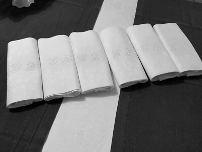 Linge Ancien 6 Serviettes DE MARIAGE Damassé De Soie Monogramme G B - Photo 1/4