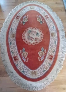 Chinese Wool Rug Oval With Floral Motif Rust Colour 60" X 41" - Picture 1 of 8