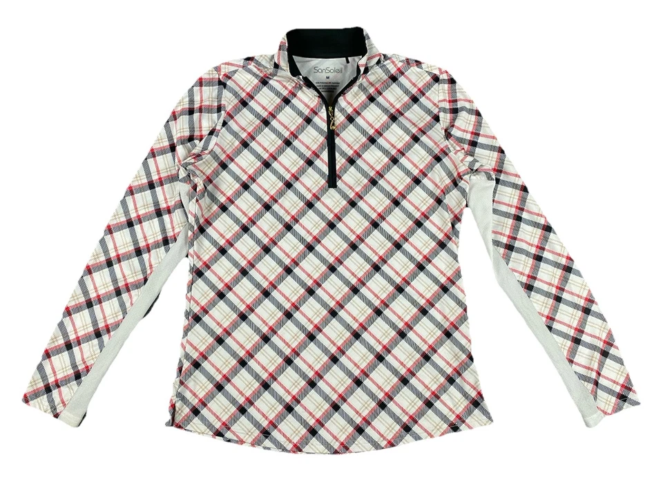 Pullover San Soleil 1/4 Cremallera Para Mujer M Rojo Negro Tartán Cuadros Manga Larga UV 50+ Foto 1 de 4