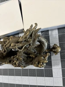 VTG Brass Dragon Statue Wealth Fengshui Asian Lucky Patina - 9” 5 Lbs - Picture 1 of 8