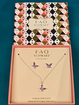 Novo Conjunto de Presente de Colar e Brinco Borboleta Roxa Placa de Prata Fina FAO Schwarz - Imagem 1 de 4
