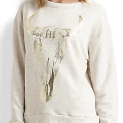 Haute Hippie Pullover Sweatshirt Longhorn Cow Skull Oatmeal Cream/Gold Size XS/S - Image 1 of 4