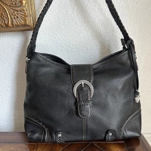 Vintage Brighton Lederhandtasche Handtasche schwarz geflochtener Griff Schnalle Akzent 11" x 14" - Bild 1 von 13
