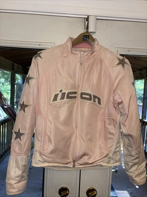 Chaqueta de motociclismo ICON Hooligan 54 para mujer talla XL rosa/blanco forrada estrellas brillo Foto 1 de 4