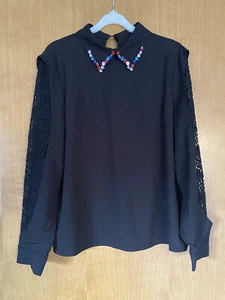 BNWOT Shirt - Diamantee Beaded Collar - Lace Sleeves - Size 14 STUNNING - Picture 1 of 13