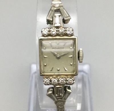 Reloj Movado Vintage Oro Blanco 14k Diamante Tenis Pulsera Cuerda Manual 5.75" Foto 1 de 4