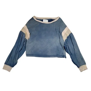 Current/Elliott Boatneck Sweatshirt Women Sz 1 S Blue Cream Oversized Distressed - Picture 1 of 8
