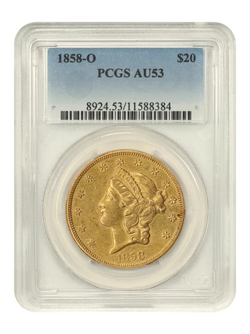 1858-O $20 PCGS AU53 Cover