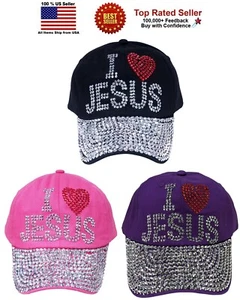 "I LOVE JESUS" Bling Rhinestones Solid Color Baseball Cap Curved Visor Hat - Picture 1 of 7