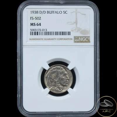 1938 D/D Buffalo Nickel FS-502 5C NGC MS64 D over D - Image 1 of 2