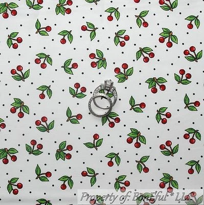 BonEful Fabric FQ Cotton Quilt White Red Black B&W Small CHERRY Dot Green Leaf S - Image 1 of 4