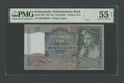 Netherlands 10 Gulden 10-4-1942 P56b "S/N 004832" About Uncirculated - Image 1 of 2