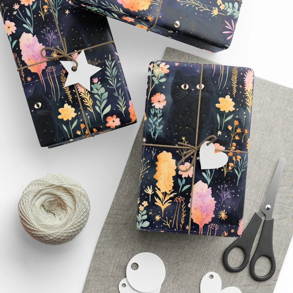 Magical black cat and boho floral wrapping paper. Matte/Glossy finish. 2 sizes - Image 1 of 1