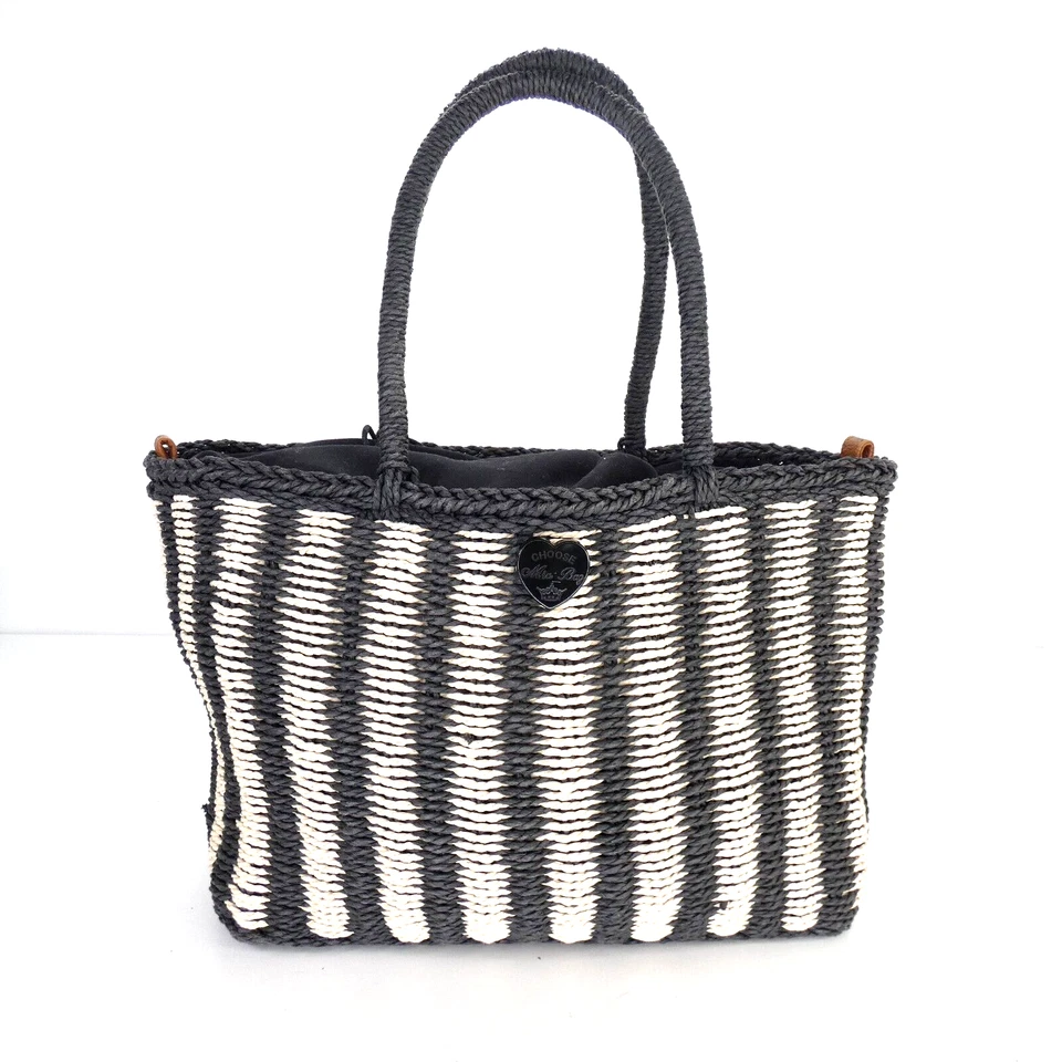 Straw Tote Bag Striped Black White Drawstring Summer Holiday Handbag Beach - Image 1 of 4
