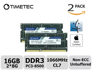 Timetec 2x8GB DDR3 1066MHz PC3-8500 Non-ECC 1.5V 2Rx8 SODIMM Apple Memory RAM - Picture 1 of 2