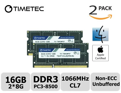 Timetec 2x8GB DDR3 1066MHz PC3-8500 Non-ECC 1.5V 2Rx8 SODIMM Apple Memory RAM - Image 1 of 2